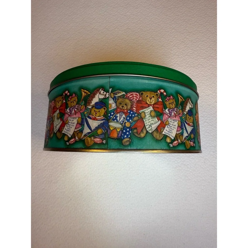 Vintage‎ Christmas Teddy Bear Cookie Tin Round Green Holiday Storage 3.5